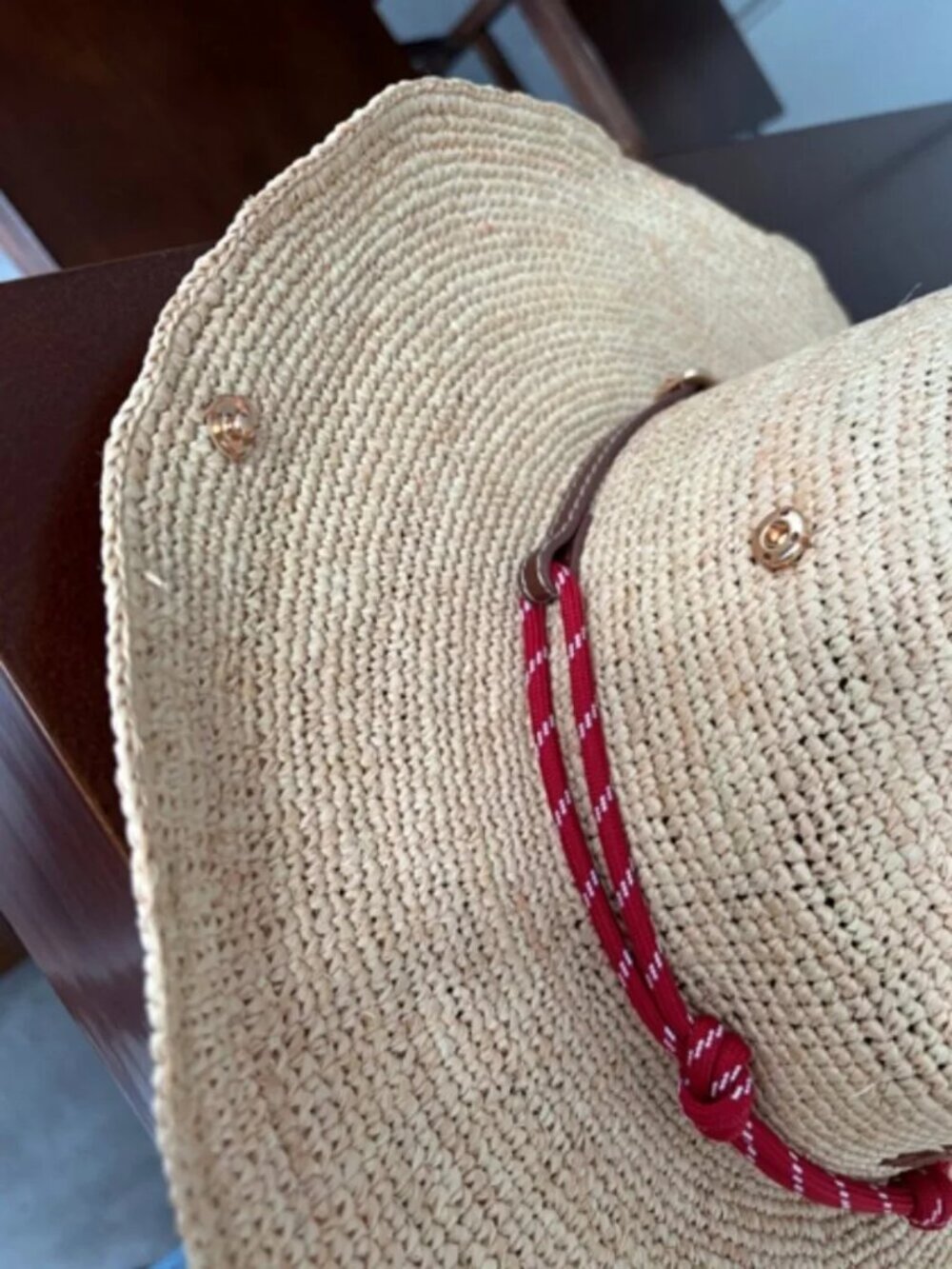 Miu Miu Raffia Straw Cowboy Sun Hat Woven Wide Brim Red Cord Logo - Picture 7 of 8